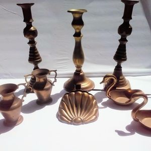 Lot 8 pc Vintage Brass Decor Candlesticks Jars Urn Swans Shell England Aged Pati